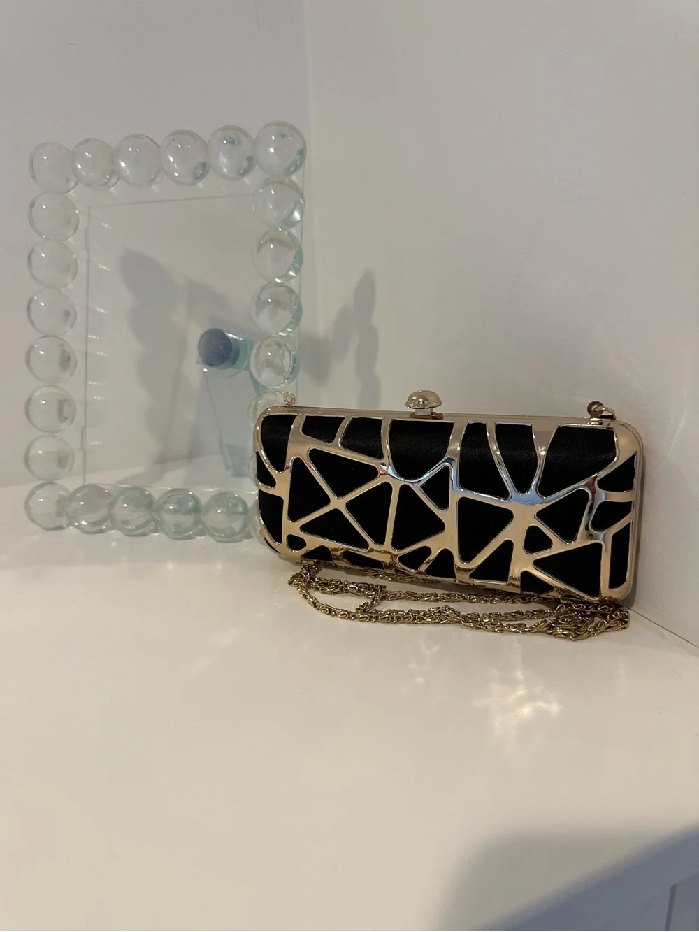 Black Geometric Metal-Trim Clutch with Chain